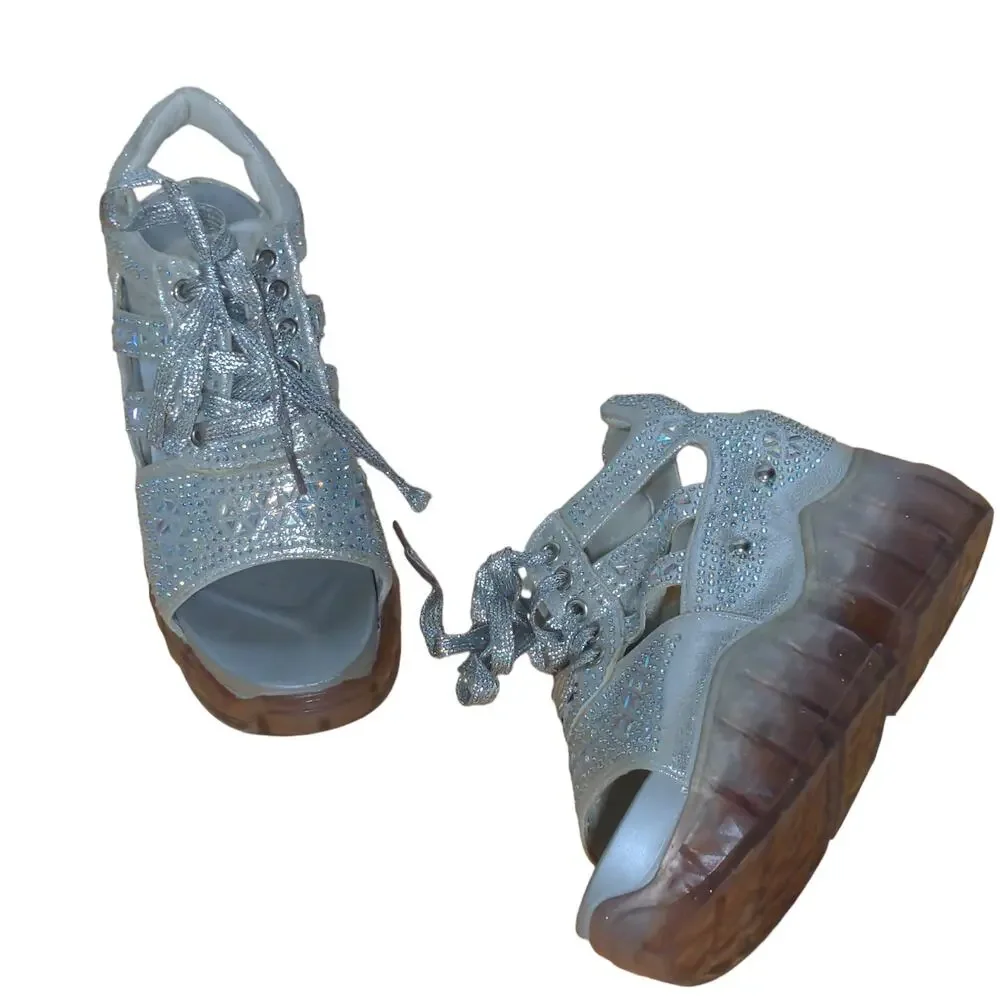 Anthony Wang Platform Sandals Silver Cutout Bedazzled Wedge Y2K 35 (US 4-4.5)